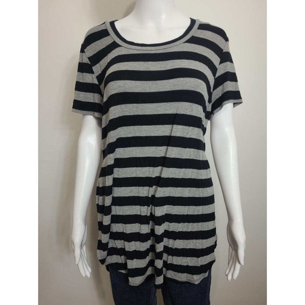 Womens Long Tee Tunic Size Large Black Gray Striped Short Cap Sleeve Tee